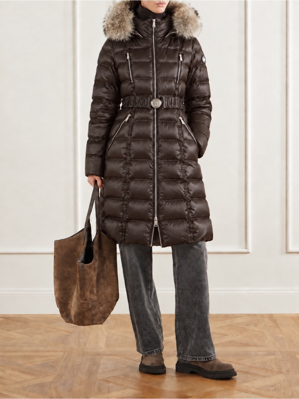 Dawn Levy Alicia Quilted Down Puffer Coat Coyote Fur Hood Belted Dark Brown M